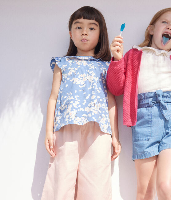 Gemusterte Popeline-Bluse für Mädchen blau BEACH/ MULTICO