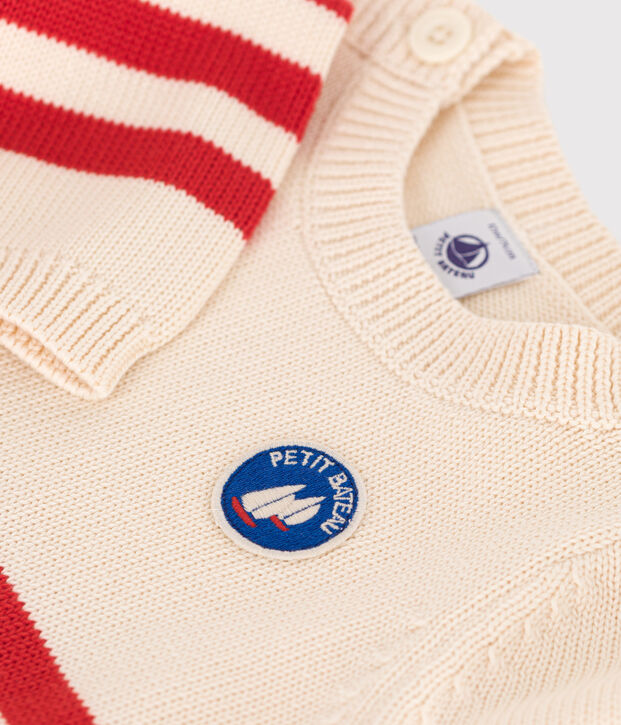 Baby-Pullover aus Baumwolle mit Streifen und Brust-Aufn&auml;her. rot/rot
