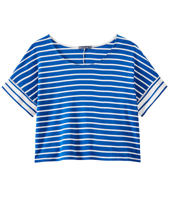 Überschnittenes Damen-T-Shirt mit Streifenmuster blau PERSE/weiss MARSHMALLOW