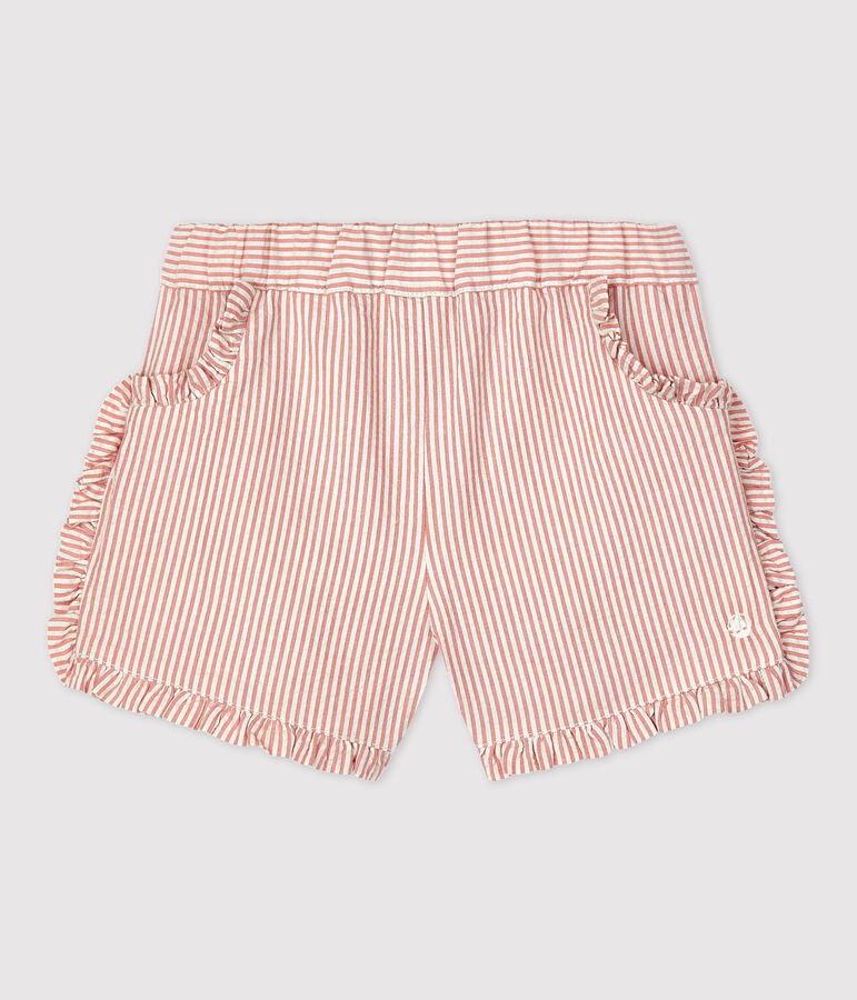 Gestreifte Baby-Shorts aus Bio-Seersucker rosa PAPAYE/ MARSHMALLOW