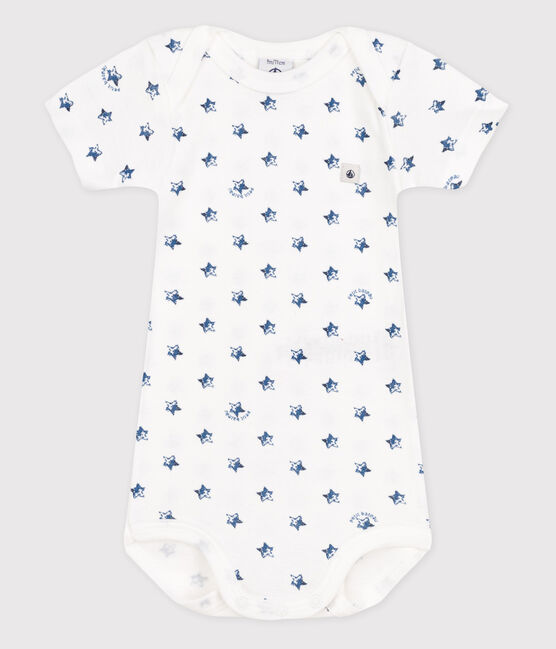 Kurzärmeliger Baby-Body weiss ECUME/blau MEDIEVAL
