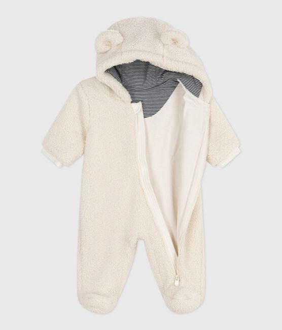 Baby-Schneeanzug aus Sherpa mit Öhrchen und Ringelstreifen-Futter  naturfarben MILK