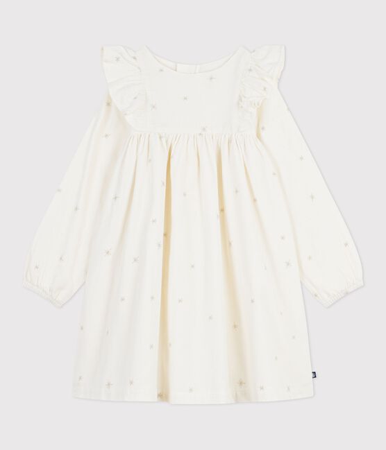 Langärmeliges Kinder-Kleid aus einfarbigem Fein-Cord. naturfarben MILK/ ARGENT