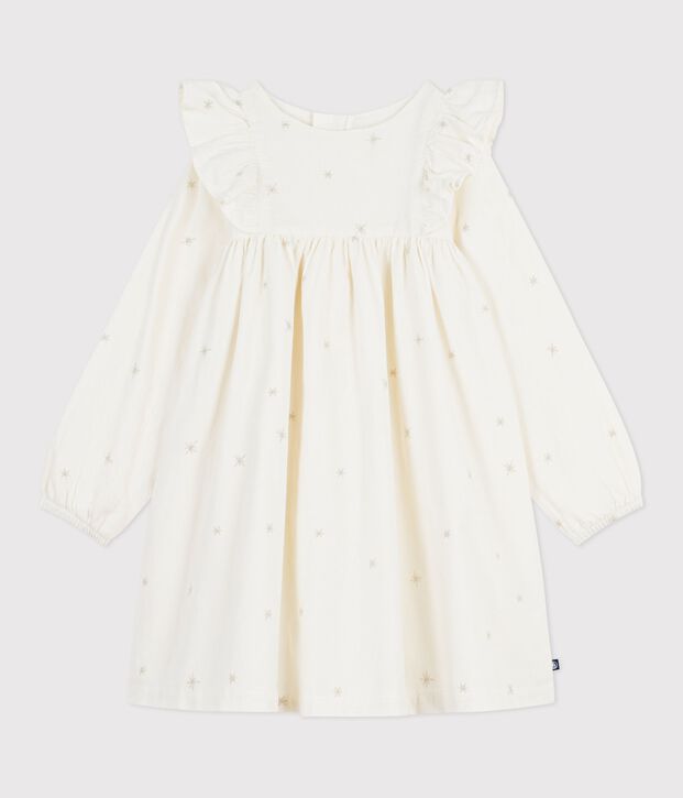 Lang&auml;rmeliges Kinder-Kleid aus einfarbigem Fein-Cord. naturfarben/grau