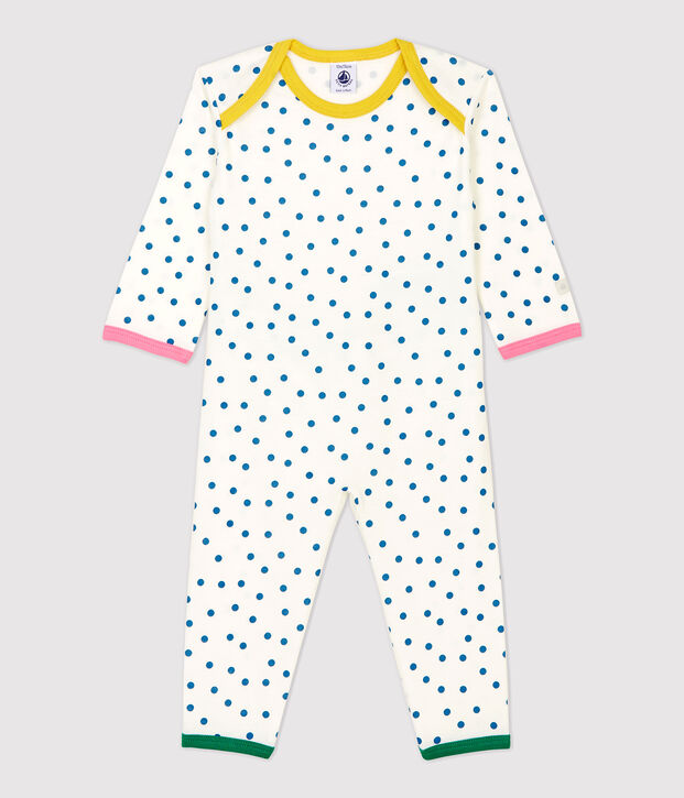 Baby-Strampler aus Baumwolle ohne Druckkn&ouml;pfe mit Punktmuster weiss/blau