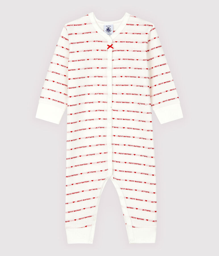 Fu&szlig;loser Baby-Strampler aus Jacquard mit Petit Bateau-Motiv Je t'aime weiss/rot