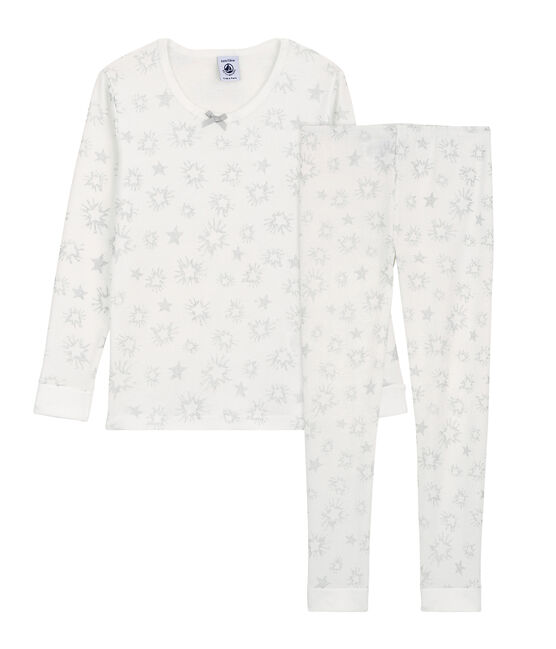 Snugfit-Kinderpyjama aus Baumwolle mit paillettiertem Sternen-Print für Mädchen weiss MARSHMALLOW/weiss MULTICO