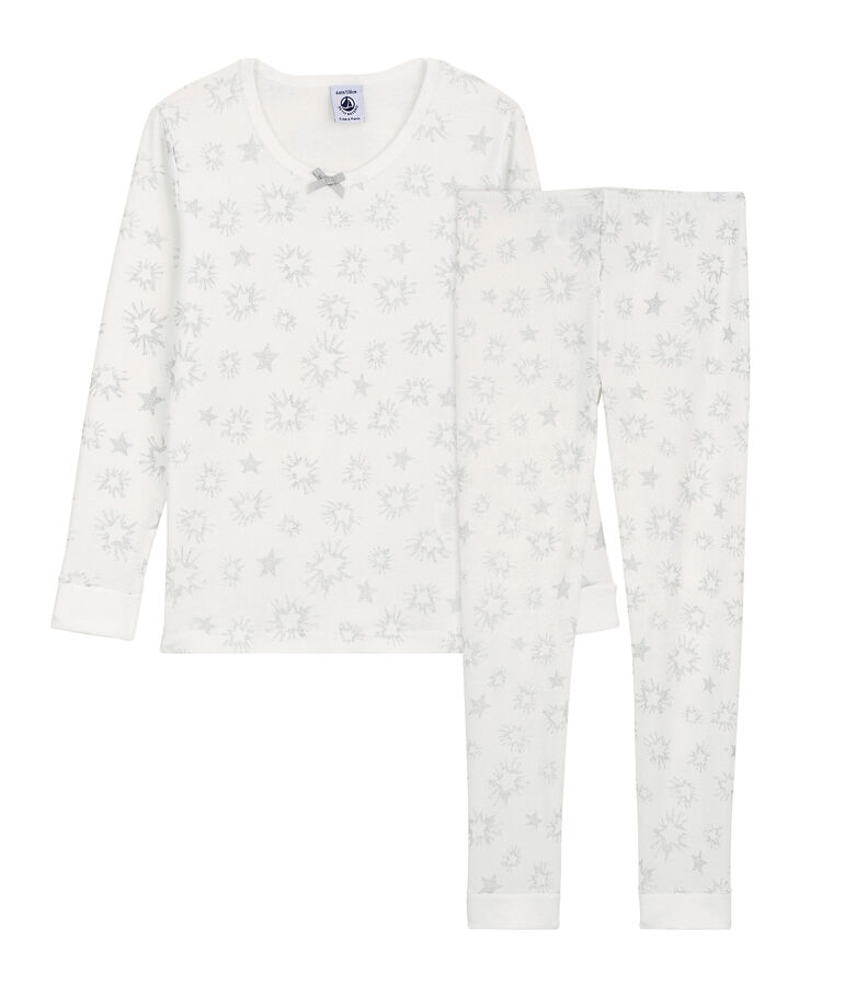 Snugfit-Kinderpyjama aus Baumwolle mit paillettiertem Sternen-Print f&uuml;r M&auml;dchen weiss/vielfarbig