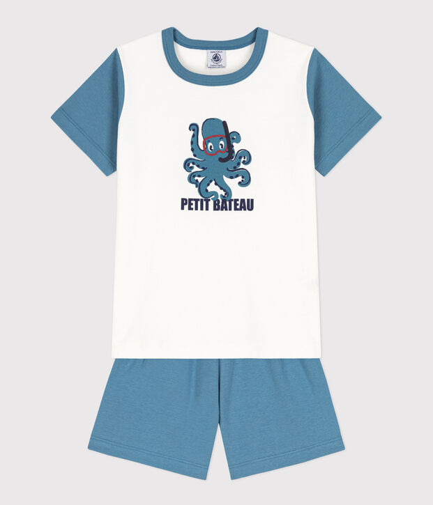 Kinder-Kurzpyjama aus Baumwolle mit Tintenfischmotiv blau/weiss