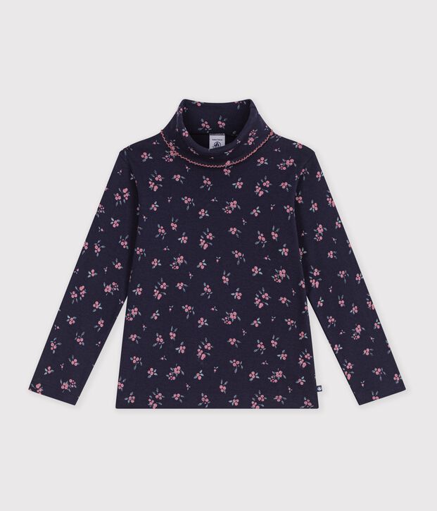 Kinder-Rollkragenshirt aus Baumwolle mit Blumenmuster blau/vielfarbig