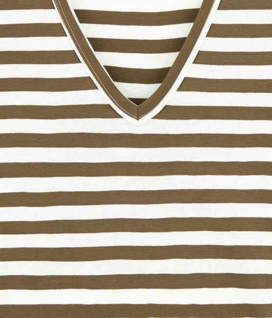 Gestreiftes Damen-T-Shirt mit V-Ausschnitt aus Original-Rippstrick braun SHITAKE/weiss MARSHMALLOW