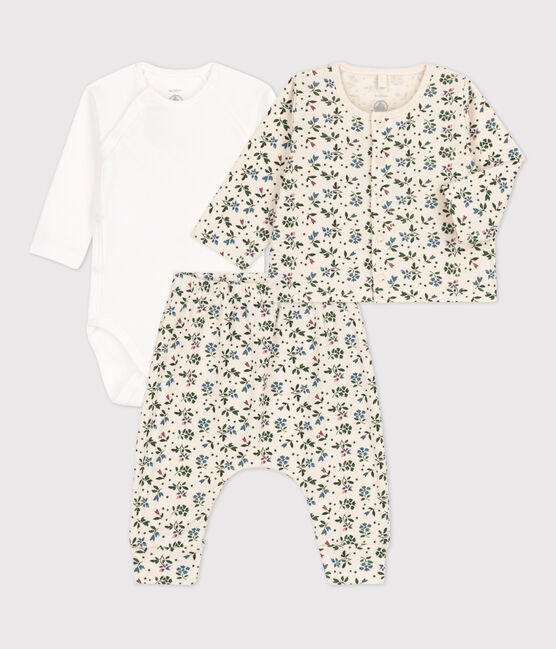 Dreiteiliges Baby-Set aus geblümter Baumwolle weiss AVALANCHE/ MULTICO