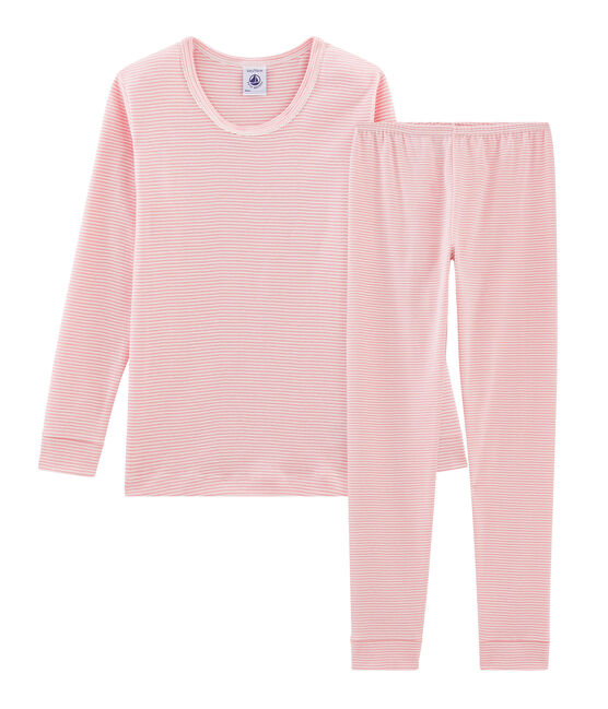 Sehr eng anliegender Rippstrick-Pyjama für kleine Mädchen rosa CHARME/weiss MARSHMALLOW
