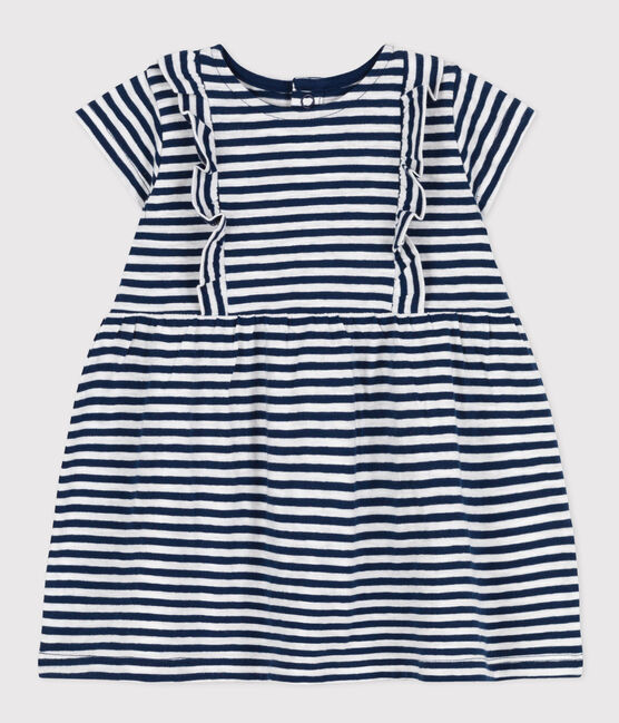 Kurzärmeliges Babykleid aus gestreiftem geflammtem Jersey blau MEDIEVAL/weiss MARSHMALLOW