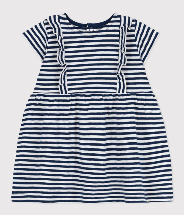 Kurz&auml;rmeliges Babykleid aus gestreiftem geflammtem Jersey blau/weiss