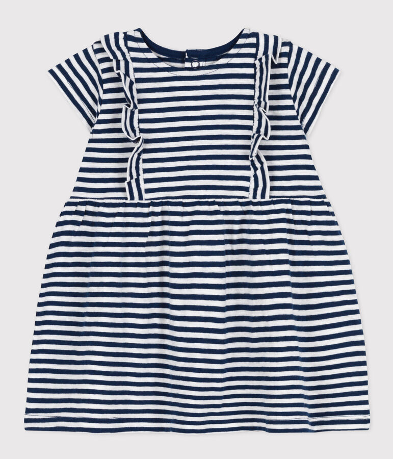 Kurz&auml;rmeliges Babykleid aus gestreiftem geflammtem Jersey blau/weiss