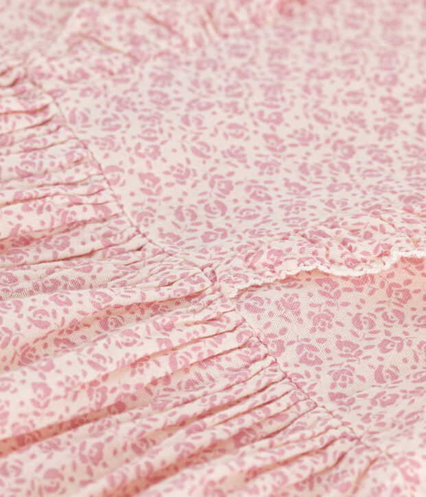 Gemustertes M&auml;dchenkleid mit kurzen &Auml;rmeln aus Baumwollgaze naturfarben/rosa