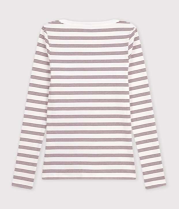 Lang&auml;rmeliges Damen T-Shirt aus Baumwolle mit Offizierskragen und Streifen weiss/rot