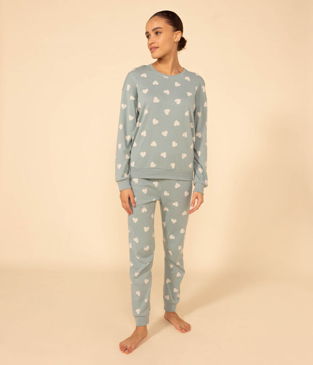 Damenpyjama aus Baumwolle mit Herzmotiv gr&uuml;n/naturfarben