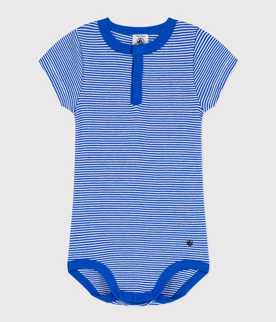 Kurzärmeliger Baby-Body aus Baumwolle mit Ringelstreifen blau PERSE/weiss MARSHMALLOW