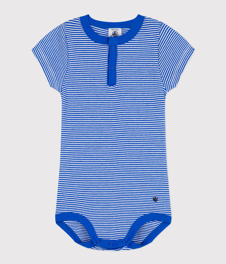 Kurz&auml;rmeliger Baby-Body aus Baumwolle mit Ringelstreifen blau/weiss