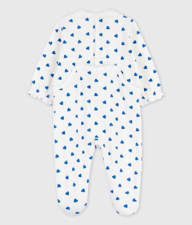 Baby-Strampler aus Nicki mit kleinen blauen Herzen weiss/blau