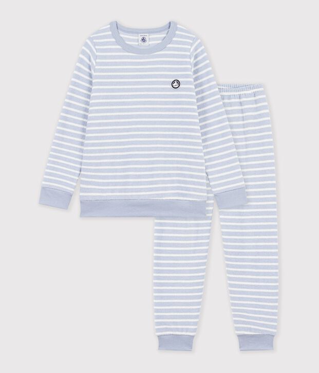 Kinder-Pyjama aus Baumwoll-Frottee mit Streifen blau/naturfarben