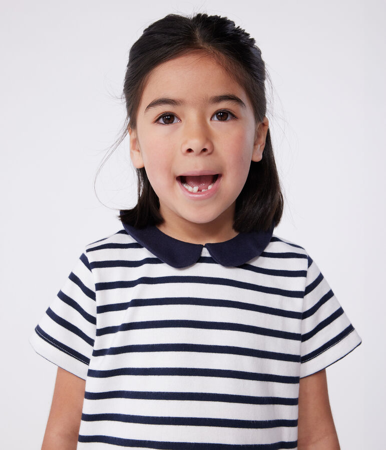 Kurz&auml;rmeliges Kinder-Kleid aus Baumwolle weiss/blau