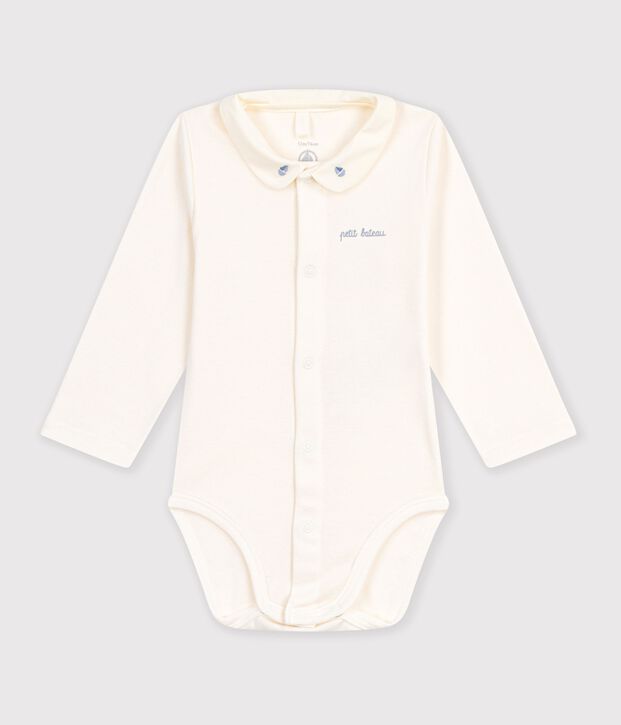 Lang&auml;rmeliger Baby-Body aus einfarbiger Baumwolle mit besticktem Kragen. blau/blau