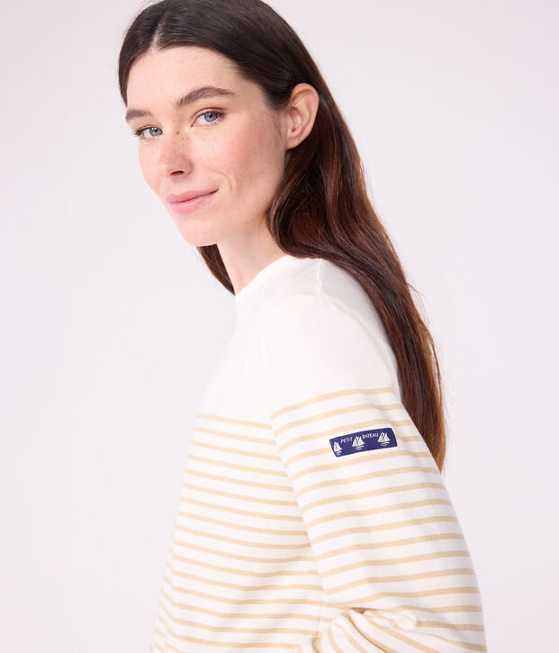 Damen T-Shirt Marini&egrave;re mit Streifen aus Baumwolle beige/beige