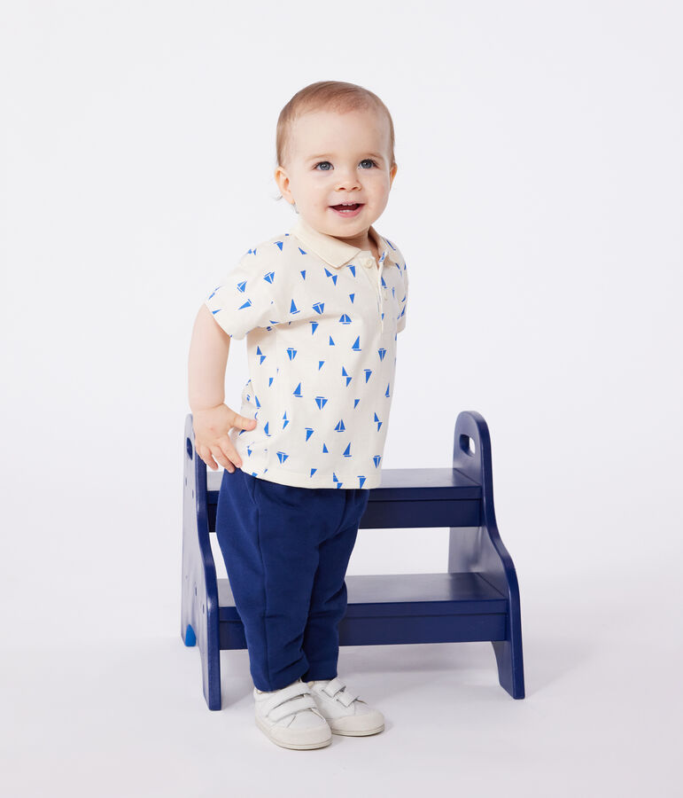 Kurz&auml;rmeliges Baby-Poloshirt aus Baumwolle mit Schiffchenmuster naturfarben/blau