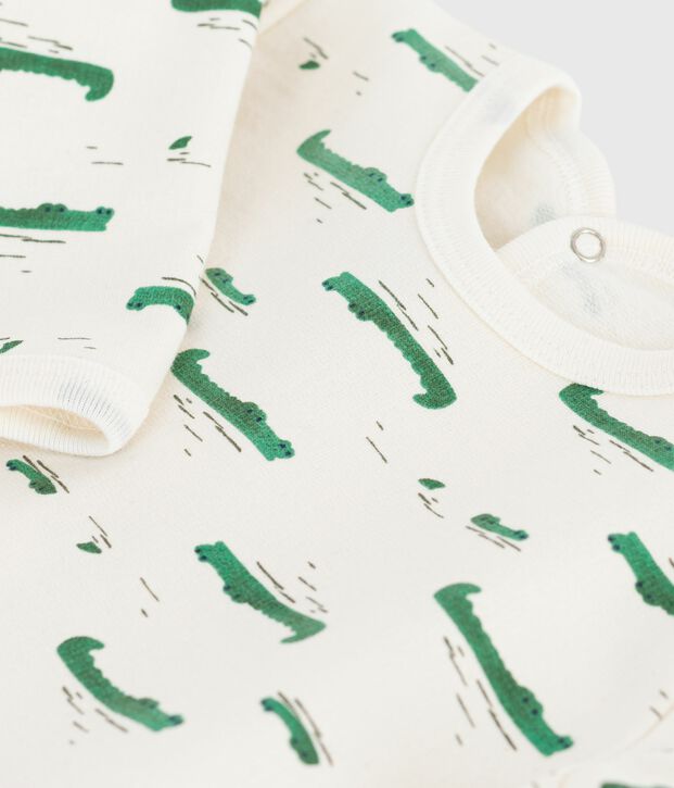 Strampler mit &Ouml;ffnung am R&uuml;cken aus aufgerautem Molton mit Krokodil-Motiv naturfarben/vielfarbig