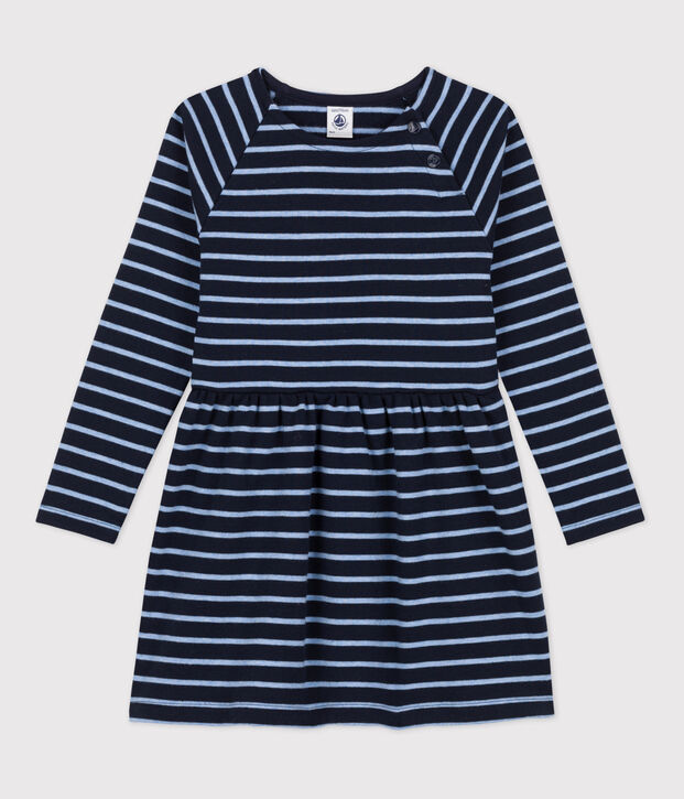 Warmes Kinderkleid aus Baumwolle f&uuml;r M&auml;dchen blau/blau
