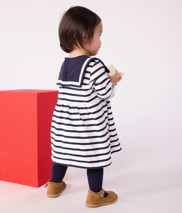 Lang&auml;rmeliges Baby-Kleid aus festem Baumwollstoff mit Matrosenstreifen weiss/blau