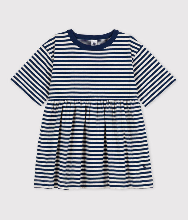 Gestreiftes Kinderkleid mit 3/4-&Auml;rmeln f&uuml;r M&auml;dchen blau/beige