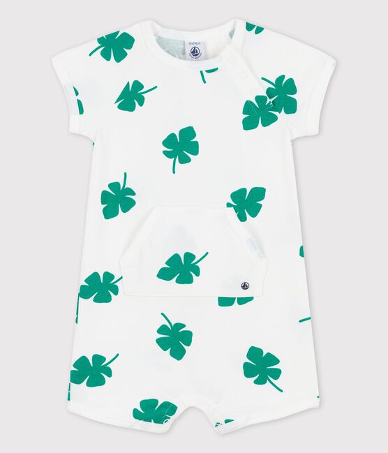 Baby-Kurzoverall aus Molton mit Pflanzenmuster weiss MARSHMALLOW/grün GAZON
