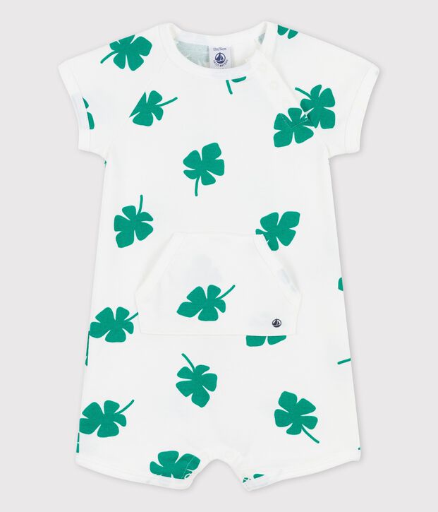 Baby-Kurzoverall aus Molton mit Pflanzenmuster weiss/gr&uuml;n