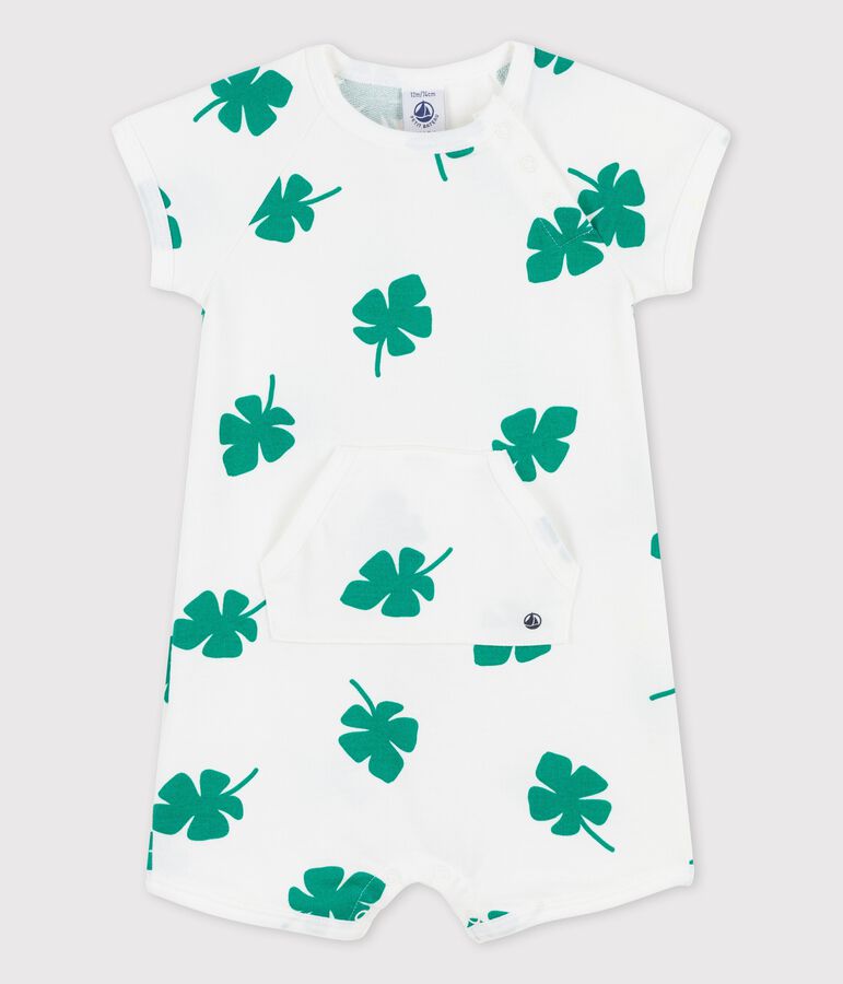 Baby-Kurzoverall aus Molton mit Pflanzenmuster weiss/gr&uuml;n