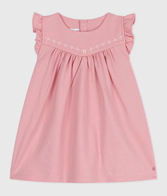 Ärmelloses Baby-Kleid aus einfarbiger Baumwolle mit gestickten Verzierungen am Kragen rosa CHARME