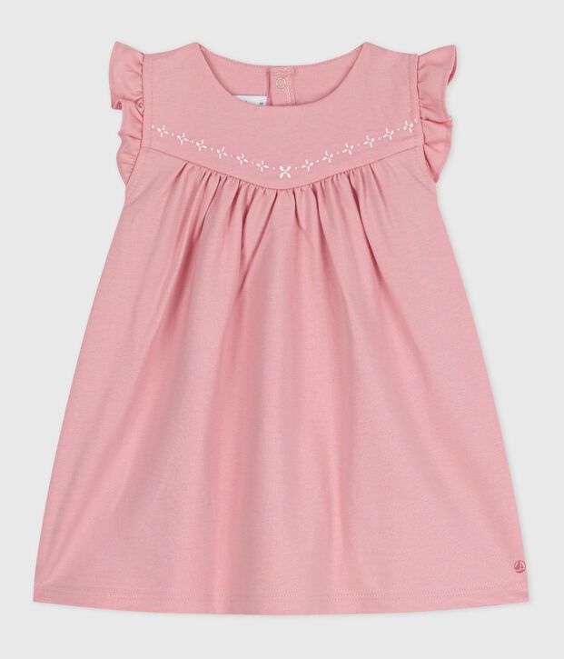 &Auml;rmelloses Baby-Kleid aus einfarbiger Baumwolle mit gestickten Verzierungen am Kragen rosa