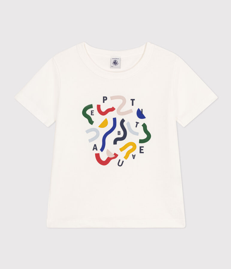 Gemustertes Jungen-T-Shirt aus leichtem Jersey weiss MARSHMALLOW