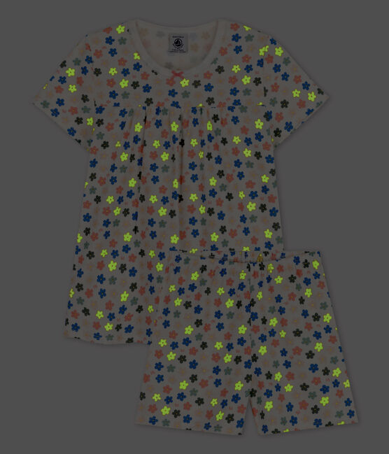 Kinderkurzpyjama aus Baumwolle mit phosphoreszierenden Blumen für Mädchen weiss MARSHMALLOW/weiss MULTICO