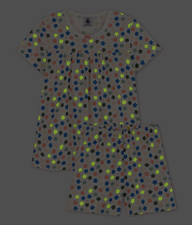 Kinderkurzpyjama aus Baumwolle mit phosphoreszierenden Blumen f&uuml;r M&auml;dchen weiss/vielfarbig