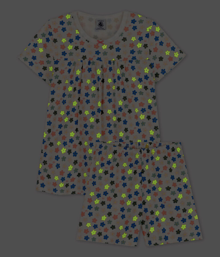 Kinderkurzpyjama aus Baumwolle mit phosphoreszierenden Blumen f&uuml;r M&auml;dchen weiss MARSHMALLOW/weiss MULTICO