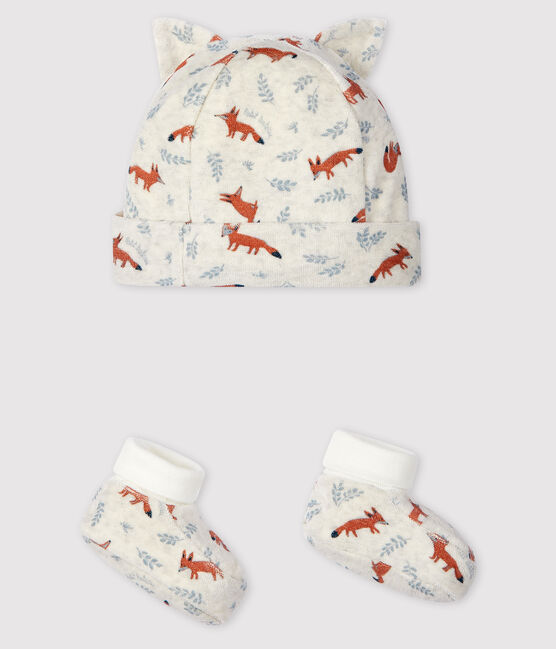 Set aus Samt für Neugeborene mit Mütze und Babyschuhen mit Fuchsmotiv beige MONTELIMAR/weiss MULTICO