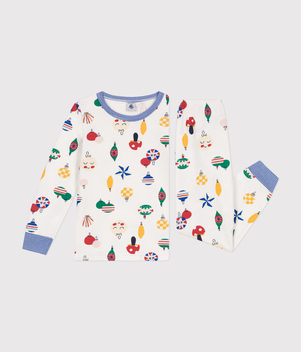 Kinder-Pyjama aus aufgerautem Molton mit Weihnachtskugel-Motiv weiss/vielfarbig