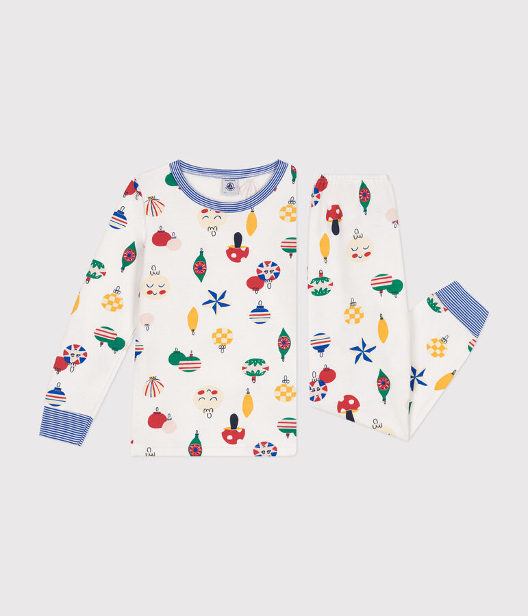 Kinder-Pyjama aus aufgerautem Molton mit Weihnachtskugel-Motiv weiss MARSHMALLOW/weiss MULTICO