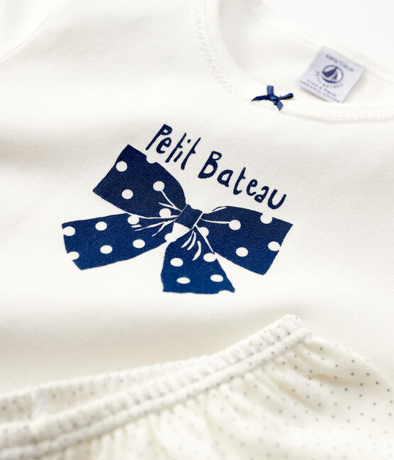 Kinderpyjama aus Bio-Baumwolle mit Punktmuster für Mädchen weiss MARSHMALLOW/blau MEDIEVAL