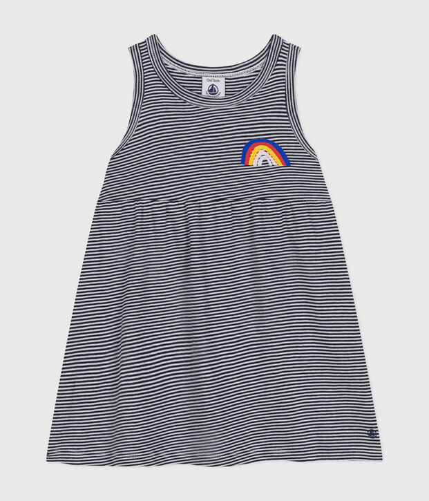 &Auml;rmelloses Baby-Kleid aus gestreifter Baumwolle blau/weiss