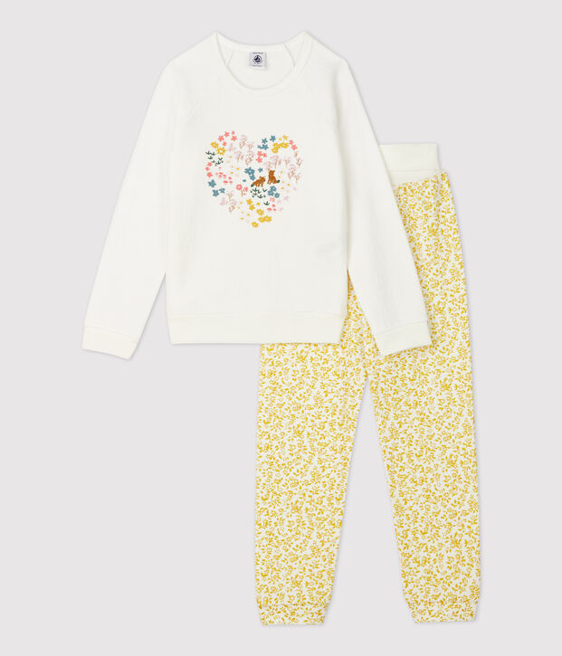 Kinderpyjama aus Frottee mit Blumenmuster f&uuml;r M&auml;dchen gelb/weiss
